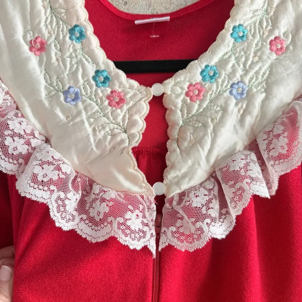 Vtg Housecoat Lace Embroidered Red Maxi Nightgown USA Women L Prairie Loungewear